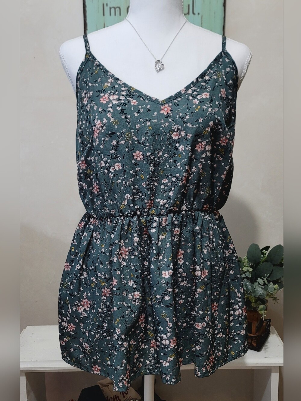 NEW Green Floral Spaghetti Strap Babydoll Tank Top